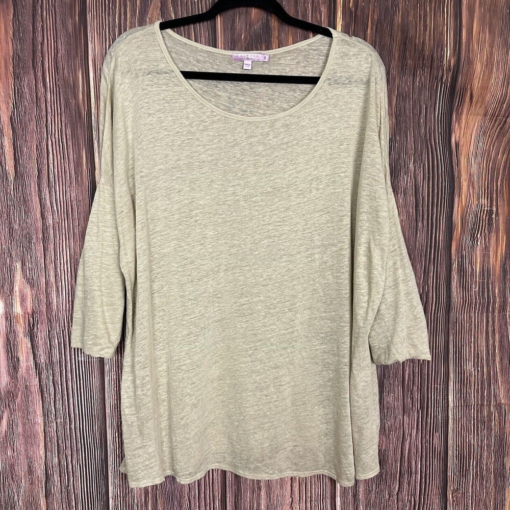Calypso St. Barth Beige Tan Linen Top 3/4 Sleeve Lagenlook Womens Size Small S